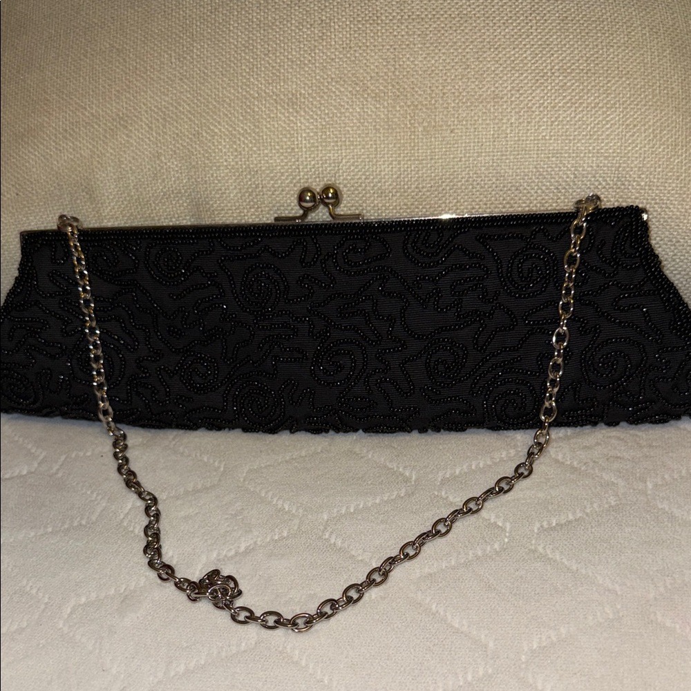 BCBGMAXAZRIA Black Partially Beaded Clutch with Chain Strap